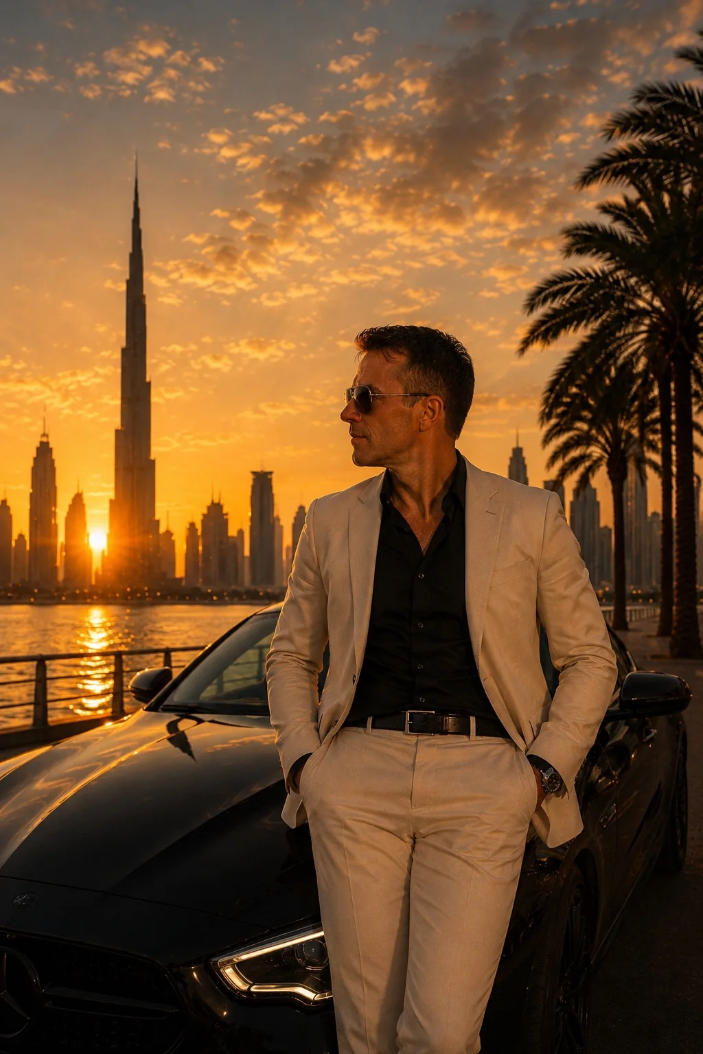 Thomas Grey vor einem schwarzen Auto und Dubai Skyline